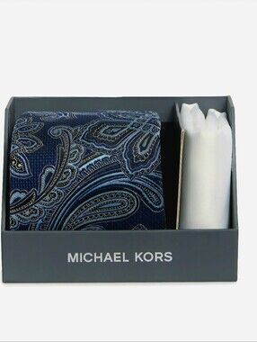 Michael Kors Navy Paisley Tie & White Pocket Square Set NIB